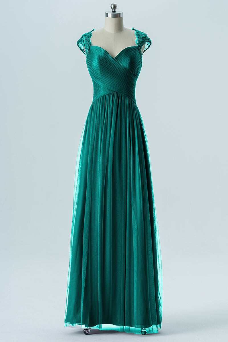 Lace Column Sweetheart Cap Sleeves Bridesmaid Dress-B13638