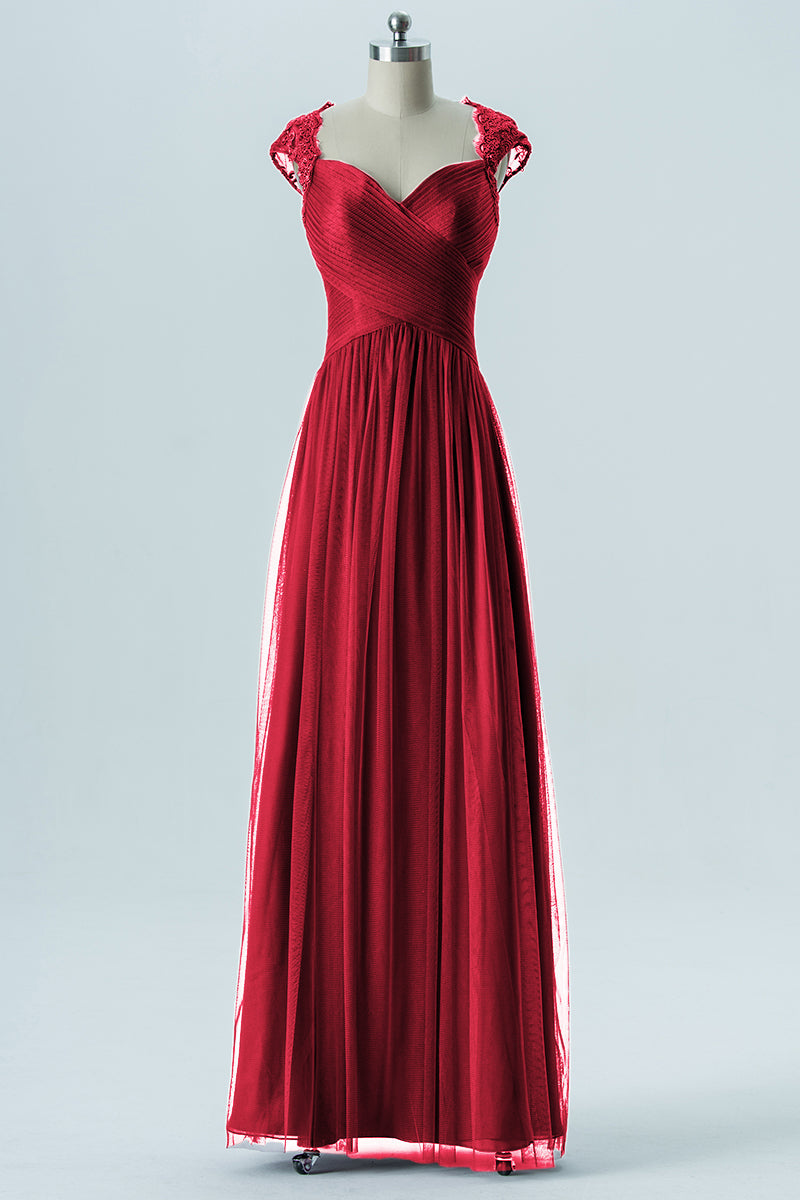 Lace Column Sweetheart Cap Sleeves Bridesmaid Dress-B13638