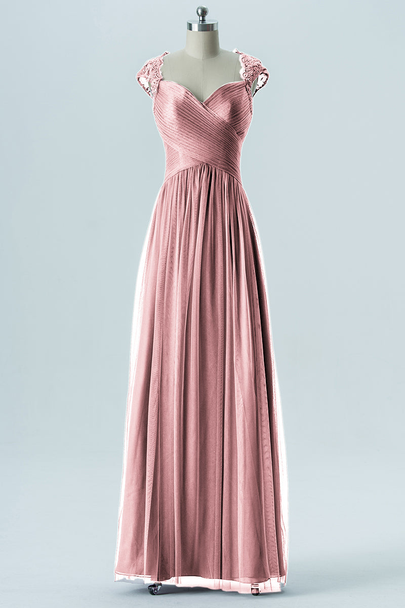 Lace Column Sweetheart Cap Sleeves Bridesmaid Dress-B13638
