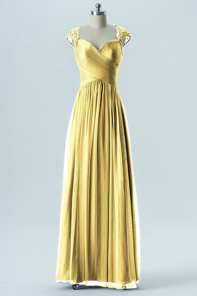 Lace Column Sweetheart Cap Sleeves Bridesmaid Dress-B13638