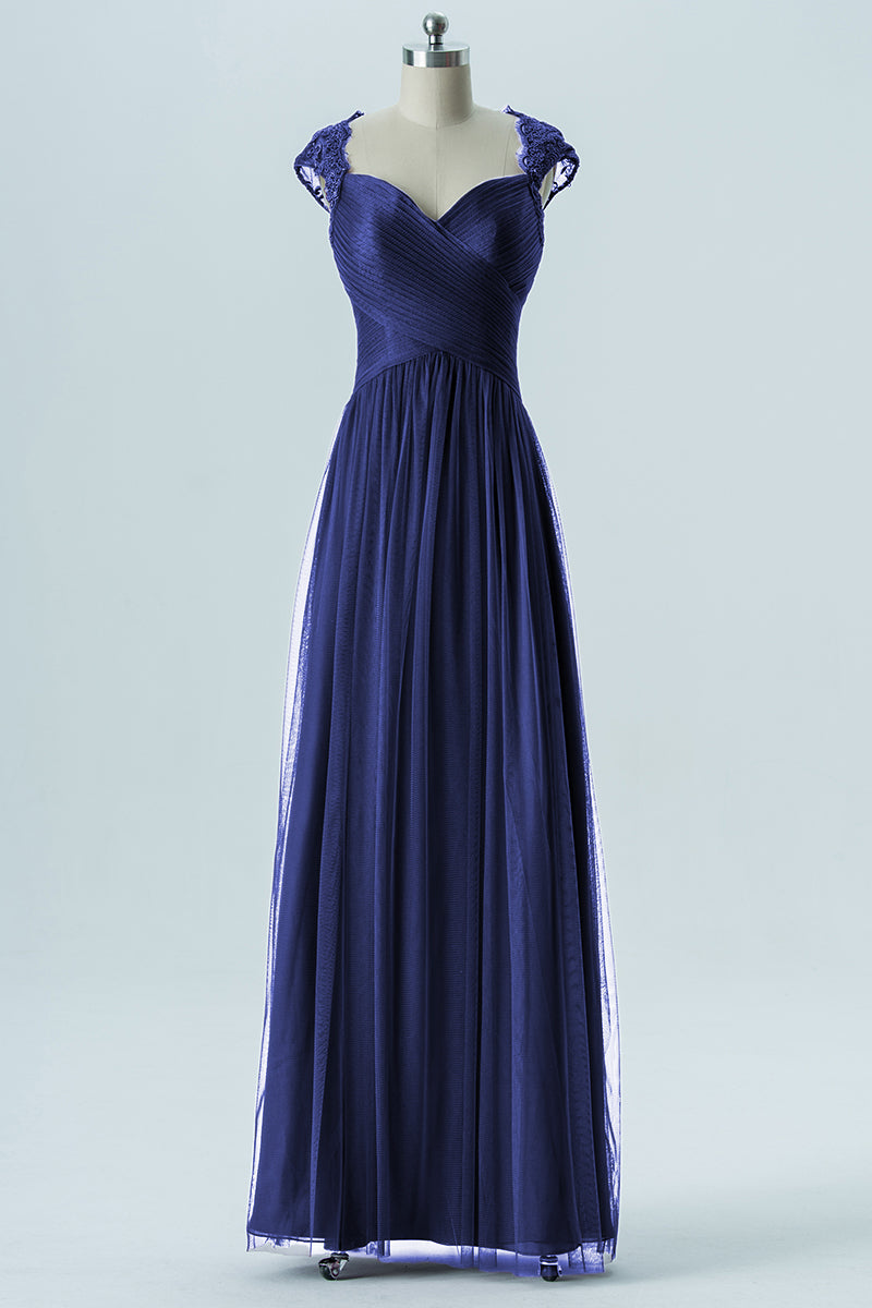 Lace Column Sweetheart Cap Sleeves Bridesmaid Dress-B13638