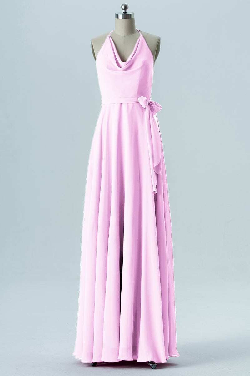 Chiffon Column Halter Sleeveless Bridesmaid Dress-B13642