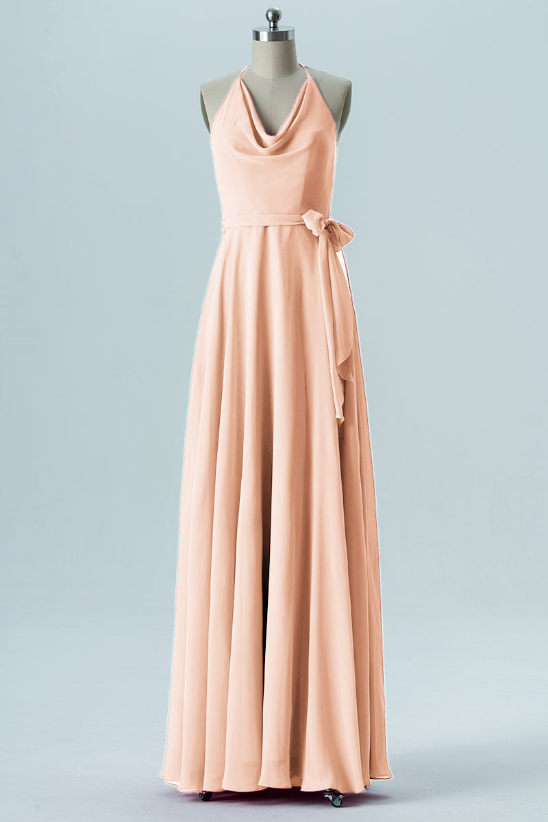 Chiffon Column Halter Sleeveless Bridesmaid Dress-B13642