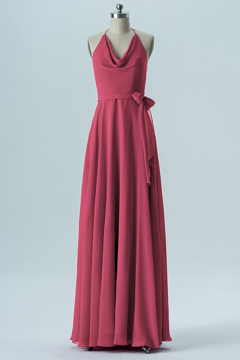 Chiffon Column Halter Sleeveless Bridesmaid Dress-B13642