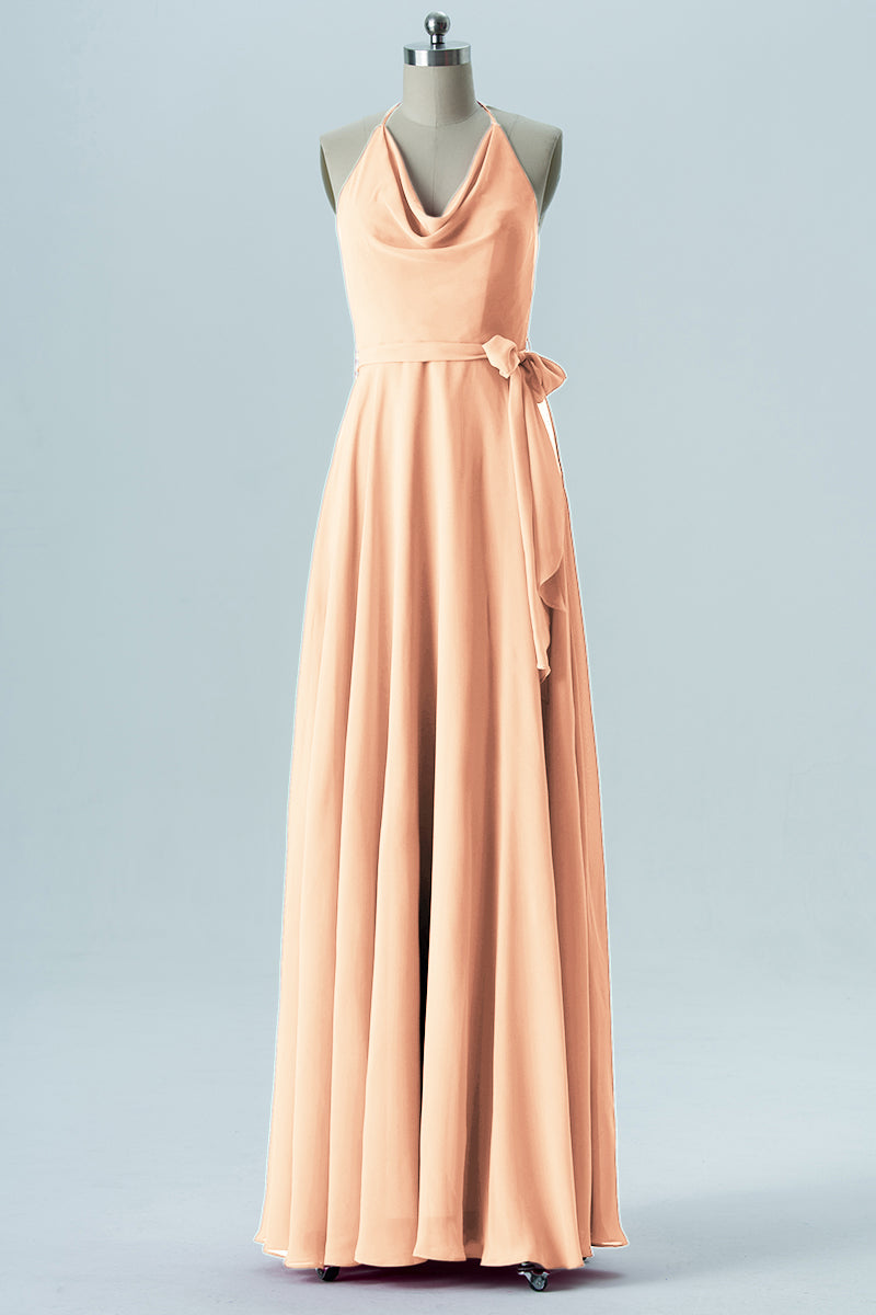 Chiffon Column Halter Sleeveless Bridesmaid Dress-B13642
