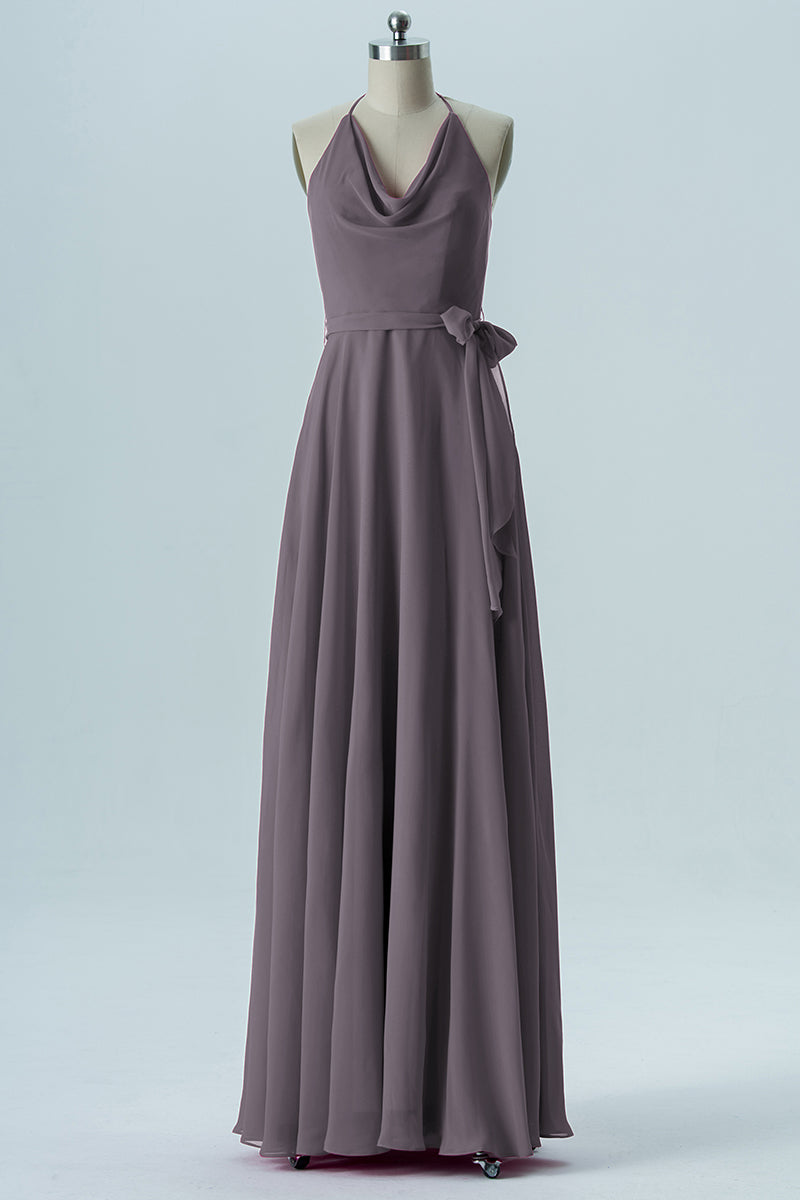 Chiffon Column Halter Sleeveless Bridesmaid Dress-B13642