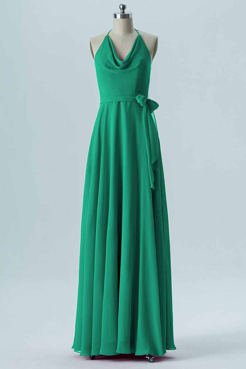 Chiffon Column Halter Sleeveless Bridesmaid Dress-B13642