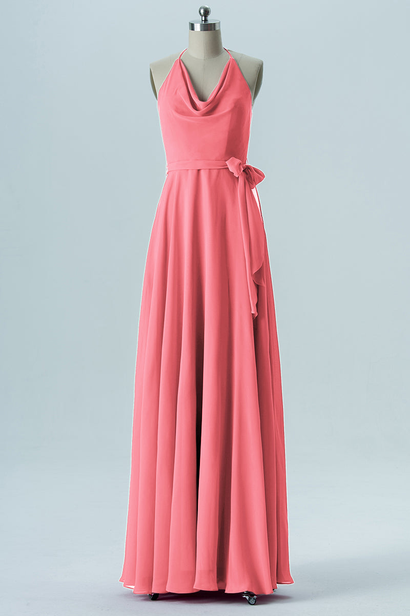 Chiffon Column Halter Sleeveless Bridesmaid Dress-B13642