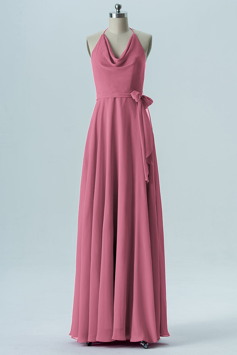 Chiffon Column Halter Sleeveless Bridesmaid Dress-B13642