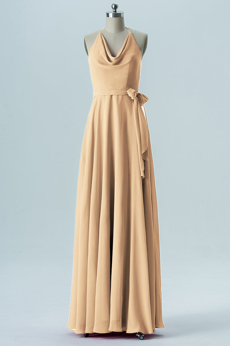 Chiffon Column Halter Sleeveless Bridesmaid Dress-B13642