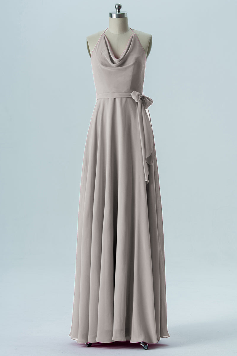 Chiffon Column Halter Sleeveless Bridesmaid Dress-B13642