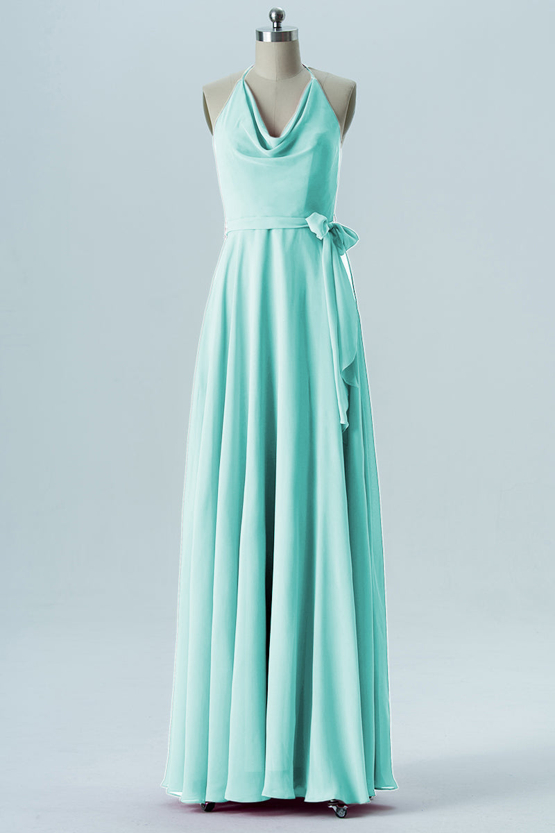 Chiffon Column Halter Sleeveless Bridesmaid Dress-B13642