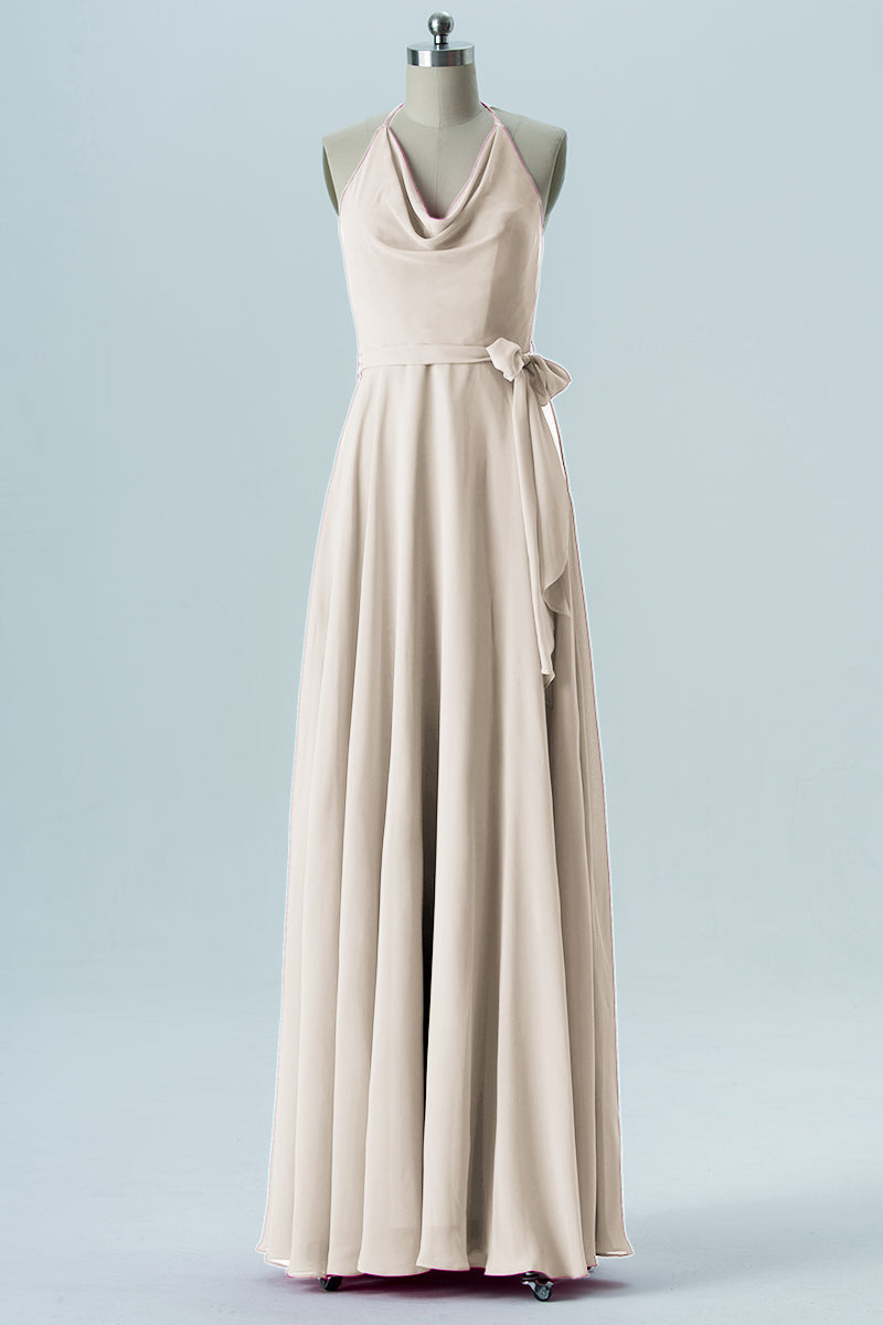 Chiffon Column Halter Sleeveless Bridesmaid Dress-B13642