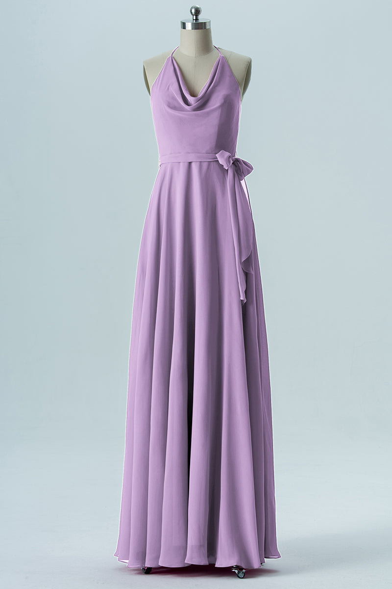 Chiffon Column Halter Sleeveless Bridesmaid Dress-B13642