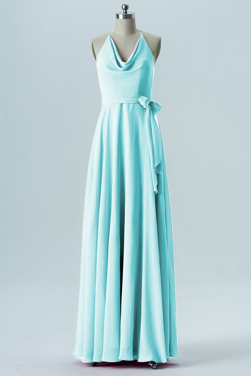 Chiffon Column Halter Sleeveless Bridesmaid Dress-B13642