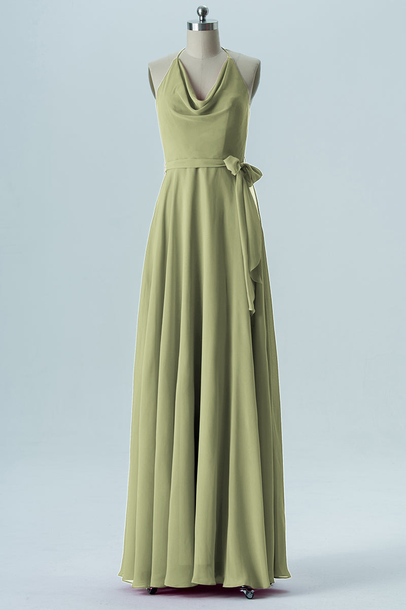Chiffon Column Halter Sleeveless Bridesmaid Dress-B13642