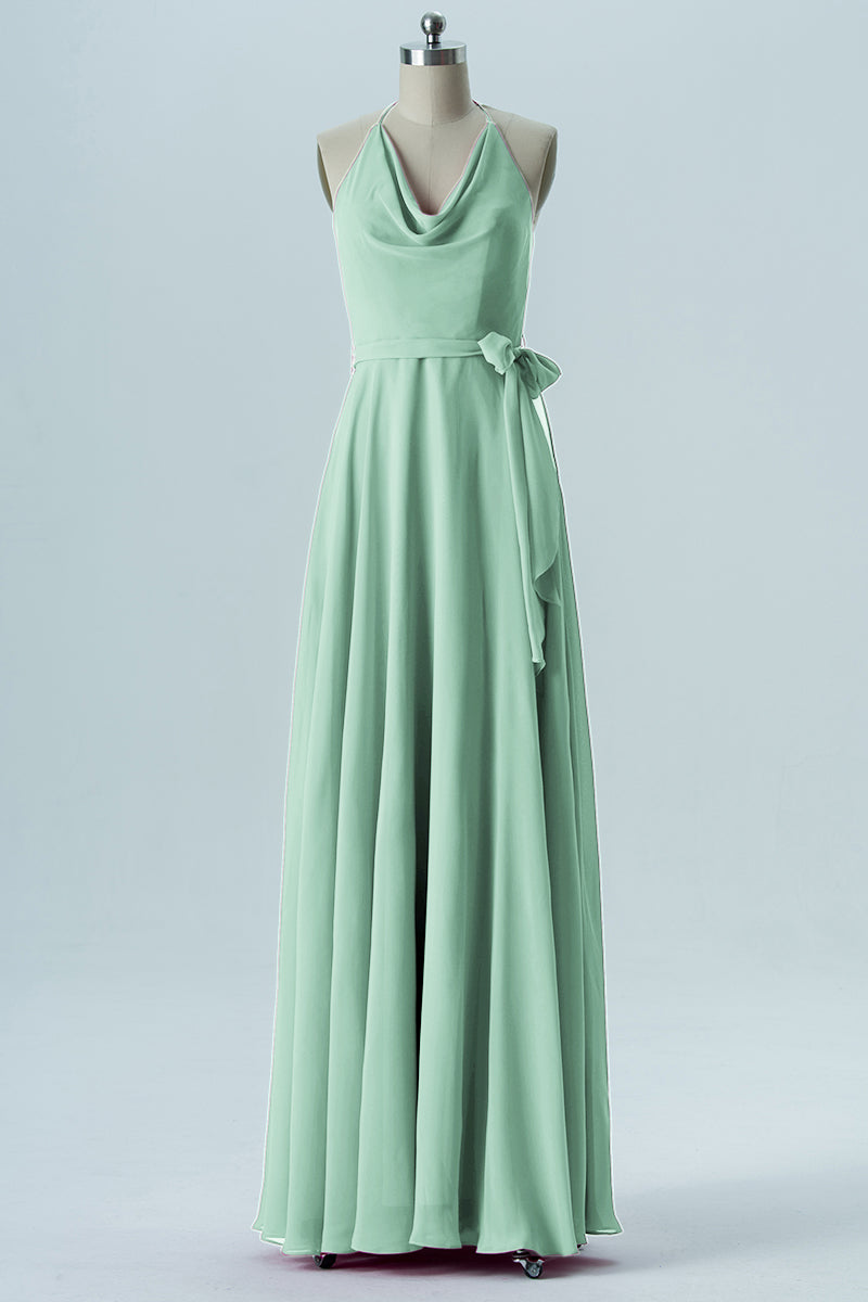 Chiffon Column Halter Sleeveless Bridesmaid Dress-B13642