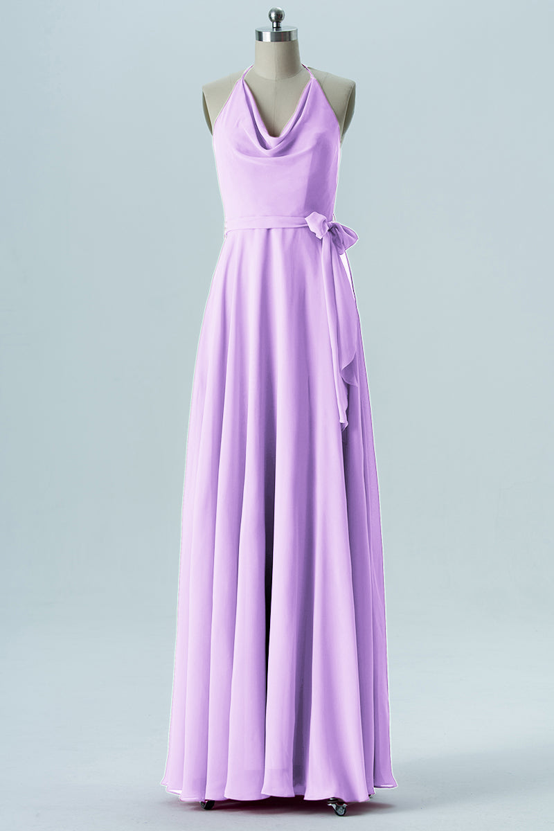 Chiffon Column Halter Sleeveless Bridesmaid Dress-B13642