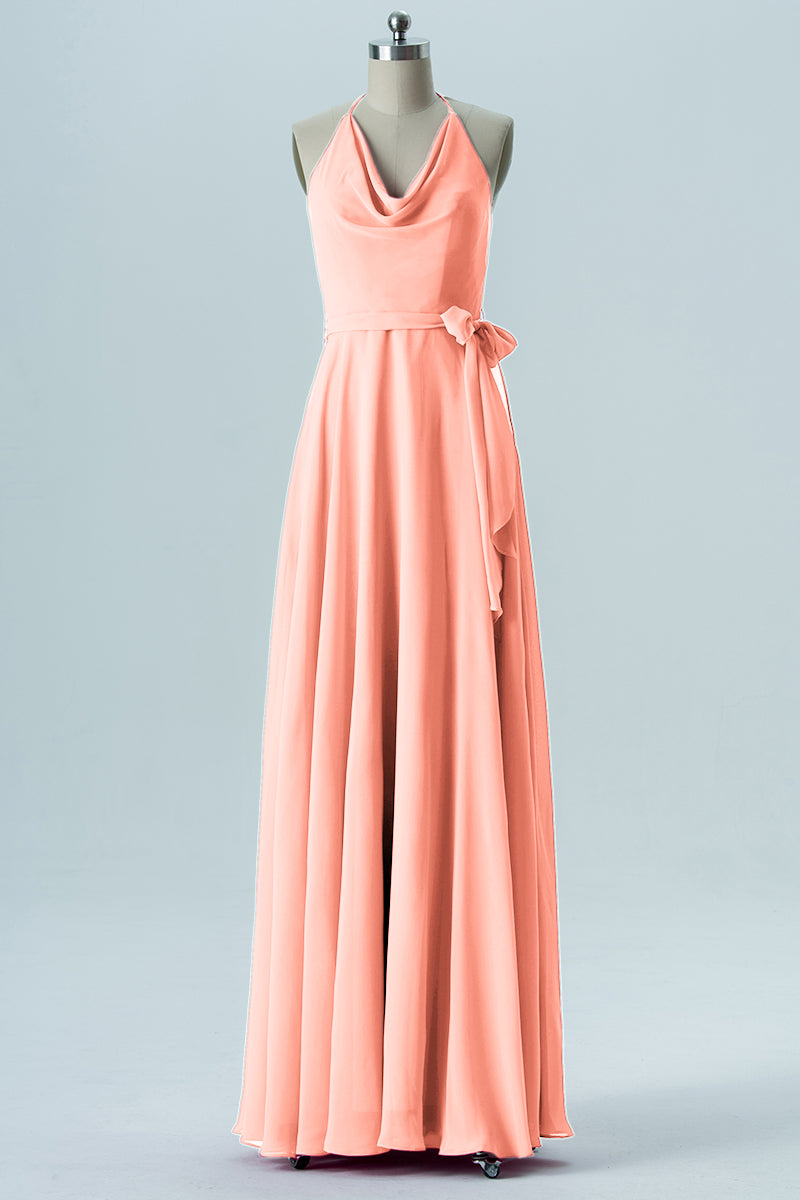 Chiffon Column Halter Sleeveless Bridesmaid Dress-B13642