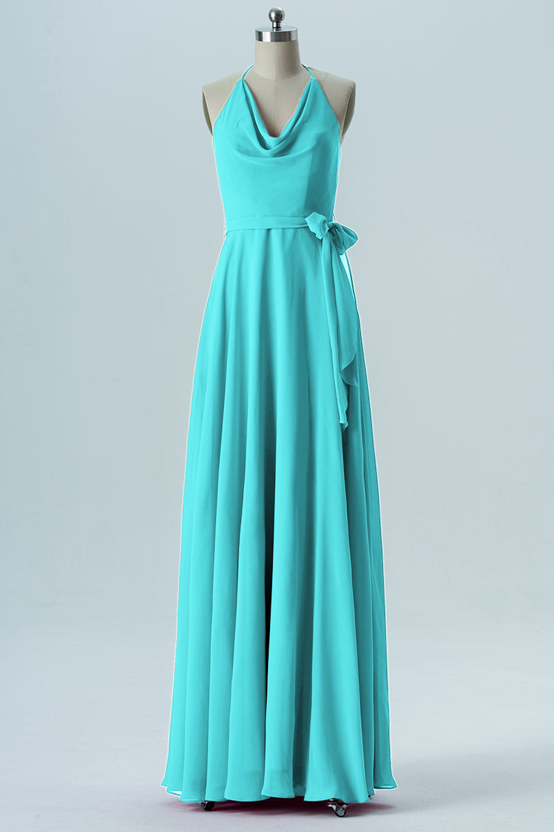 Chiffon Column Halter Sleeveless Bridesmaid Dress-B13642