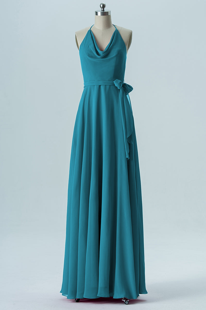Chiffon Column Halter Sleeveless Bridesmaid Dress-B13642