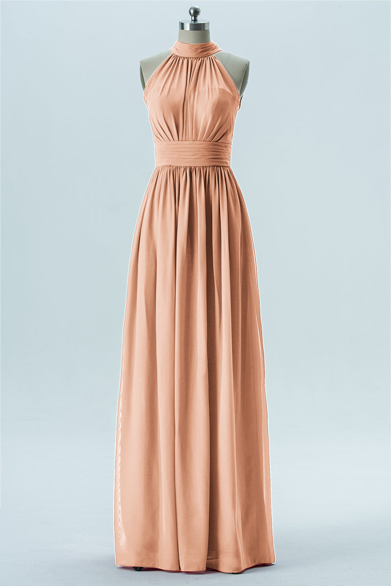 Chiffon Column Halter Sleeveless Bridesmaid Dress-B13649