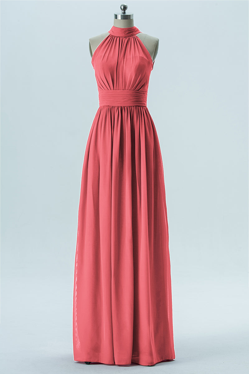 Chiffon Column Halter Sleeveless Bridesmaid Dress-B13649