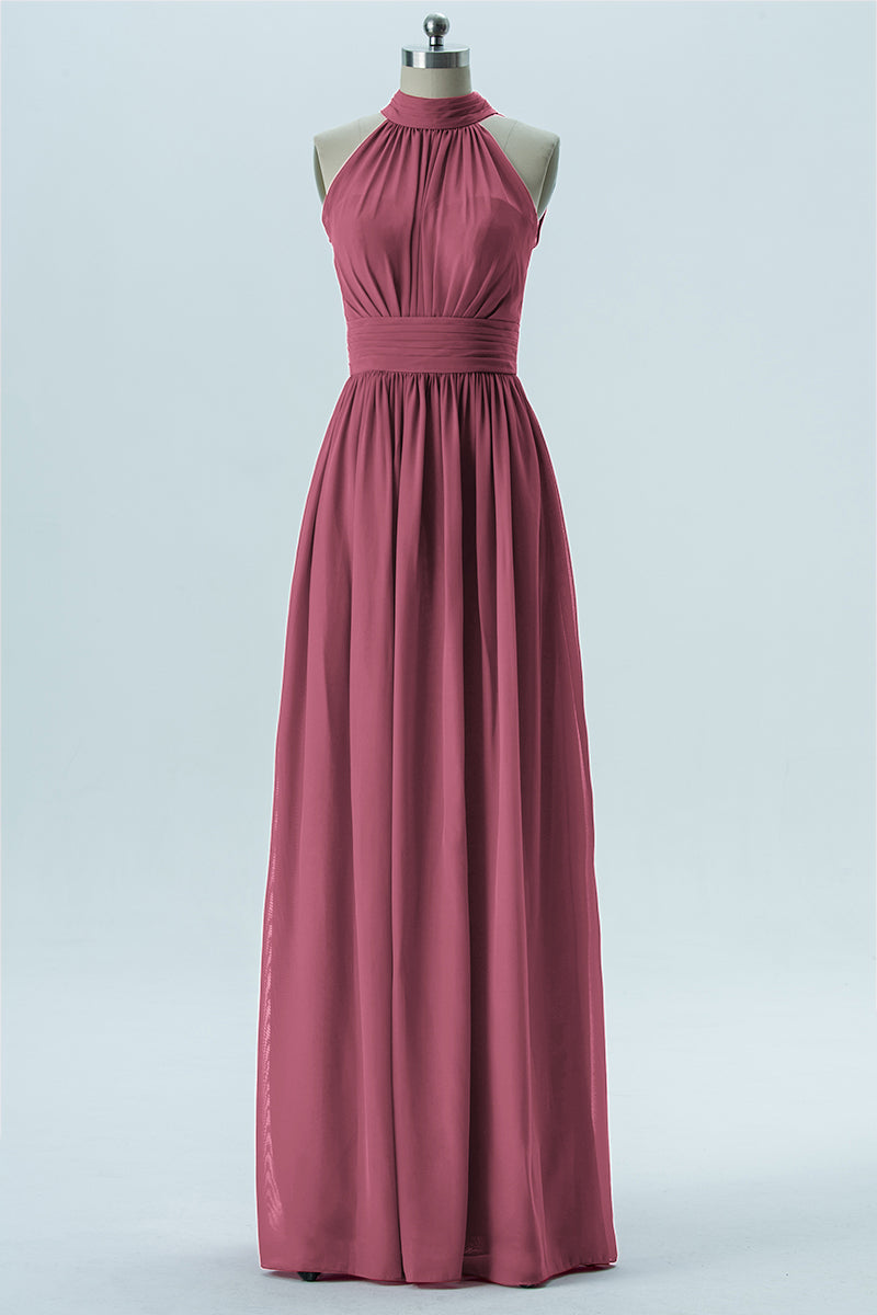 Chiffon Column Halter Sleeveless Bridesmaid Dress-B13649