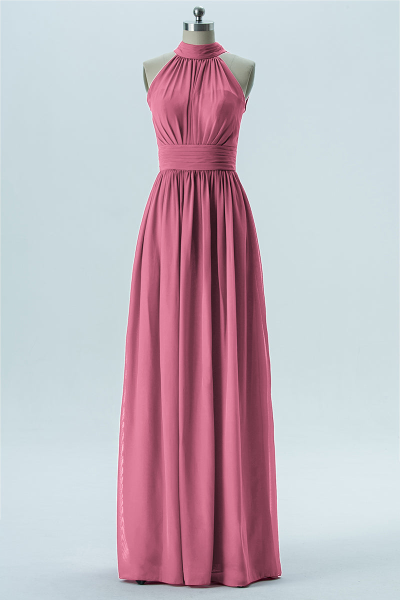 Chiffon Column Halter Sleeveless Bridesmaid Dress-B13649