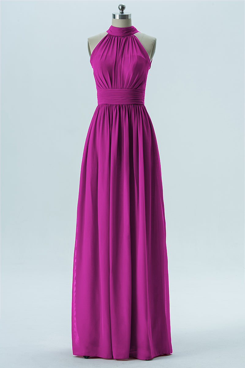 Chiffon Column Halter Sleeveless Bridesmaid Dress-B13649