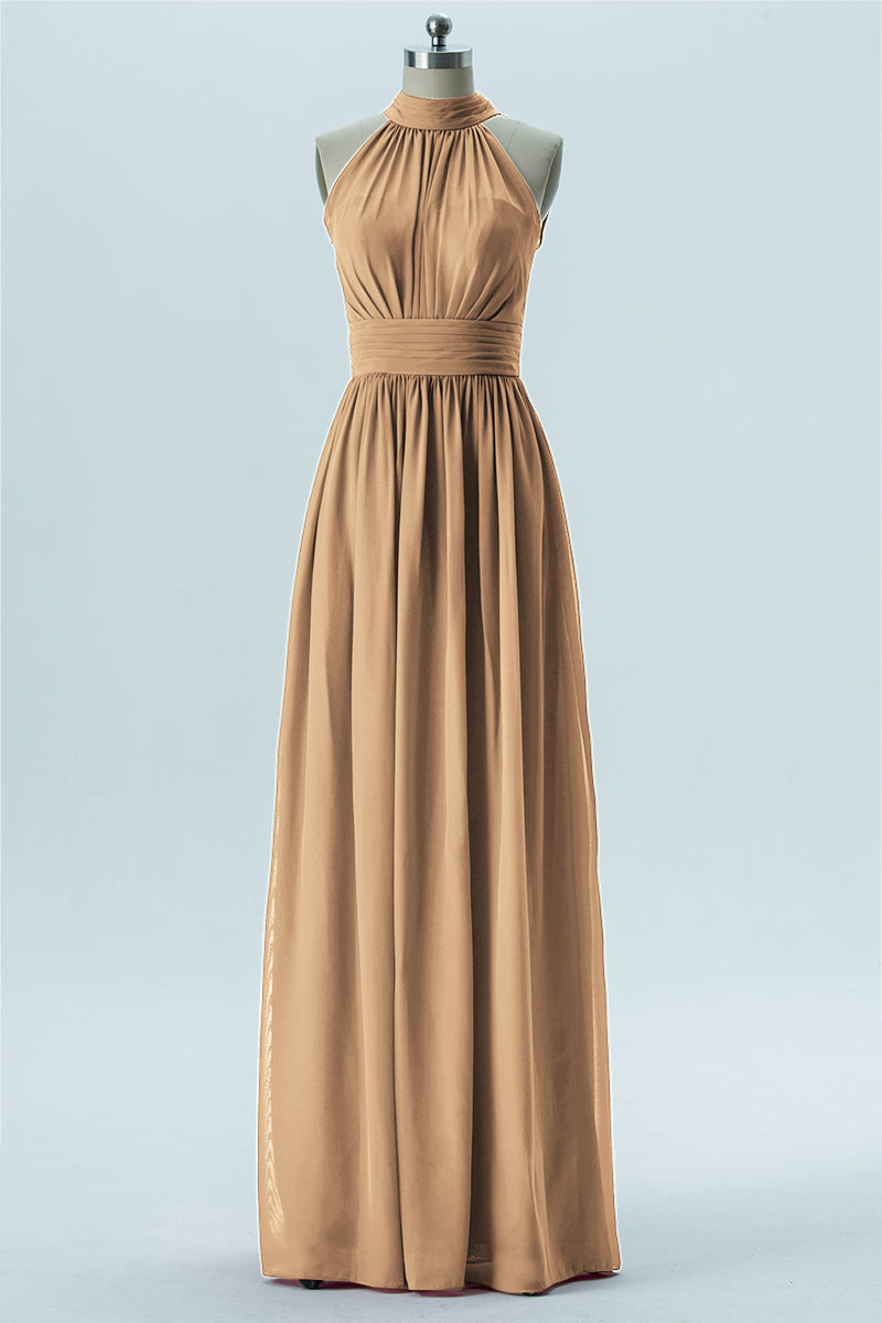 Chiffon Column Halter Sleeveless Bridesmaid Dress-B13649