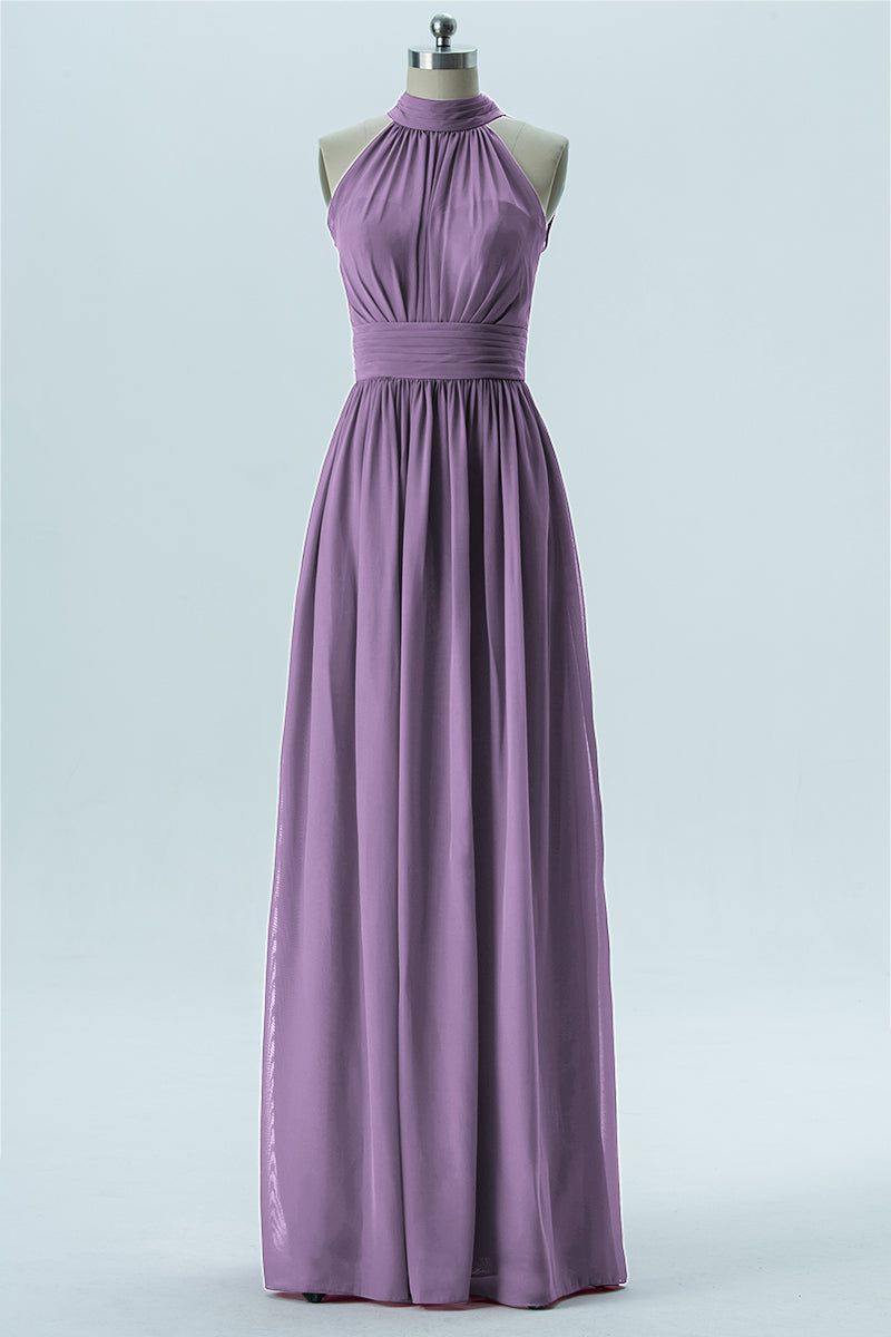 Chiffon Column Halter Sleeveless Bridesmaid Dress-B13649
