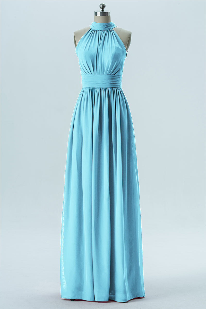 Chiffon Column Halter Sleeveless Bridesmaid Dress-B13649