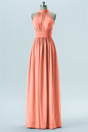 Chiffon Column Halter Sleeveless Bridesmaid Dress-B13649