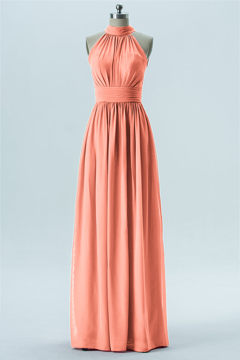 Chiffon Column Halter Sleeveless Bridesmaid Dress-B13649