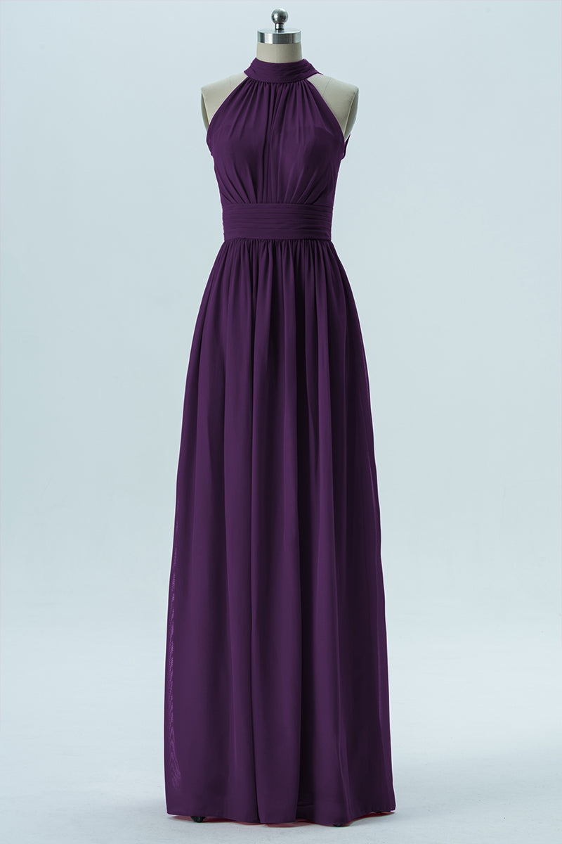 Chiffon Column Halter Sleeveless Bridesmaid Dress-B13649