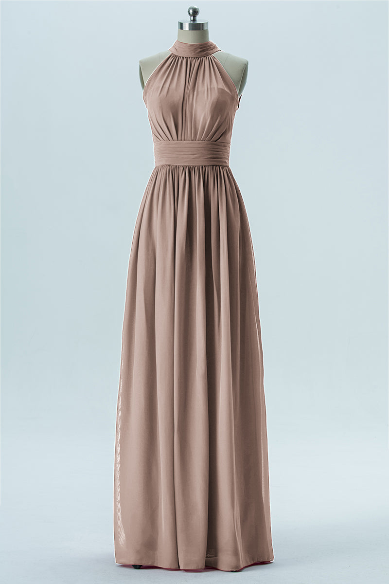 Chiffon Column Halter Sleeveless Bridesmaid Dress-B13649