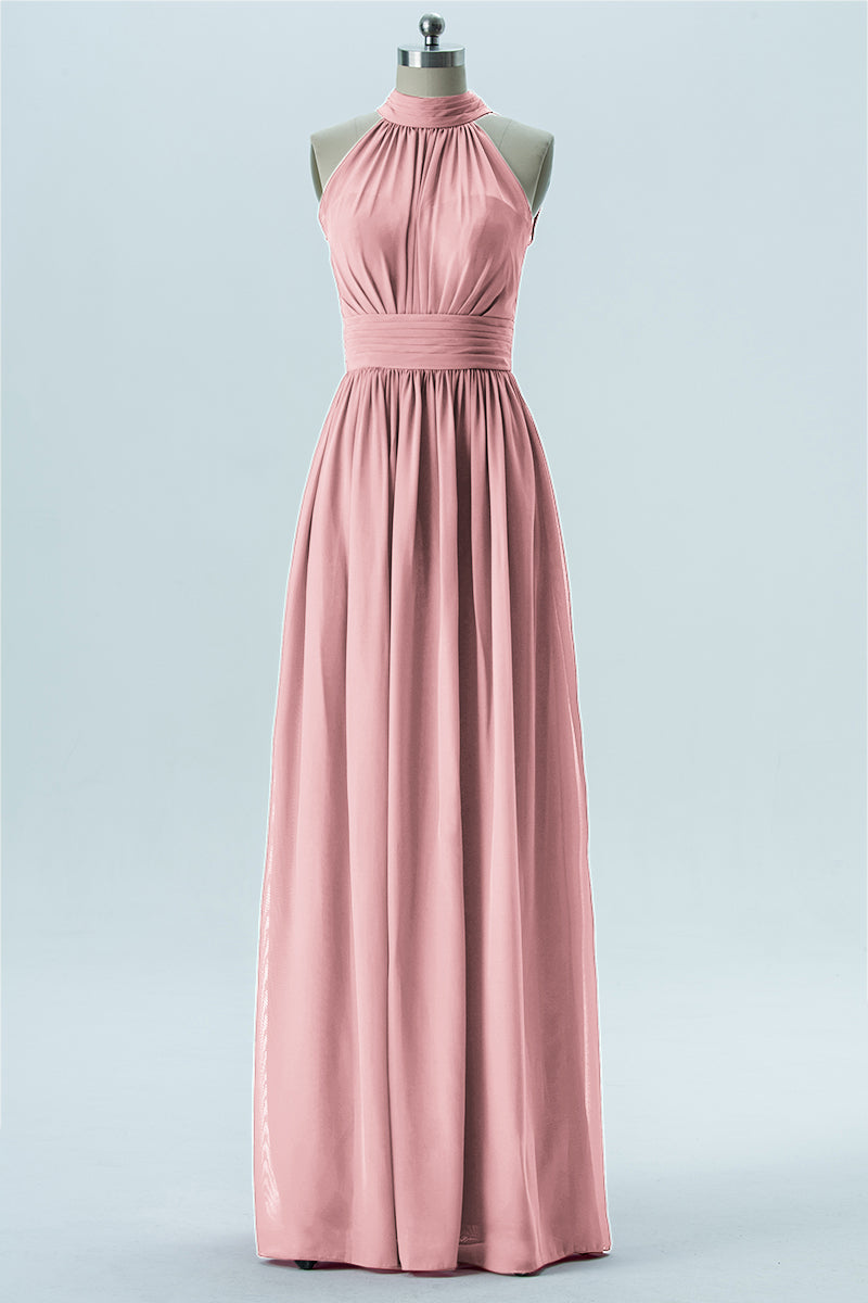 Chiffon Column Halter Sleeveless Bridesmaid Dress-B13649