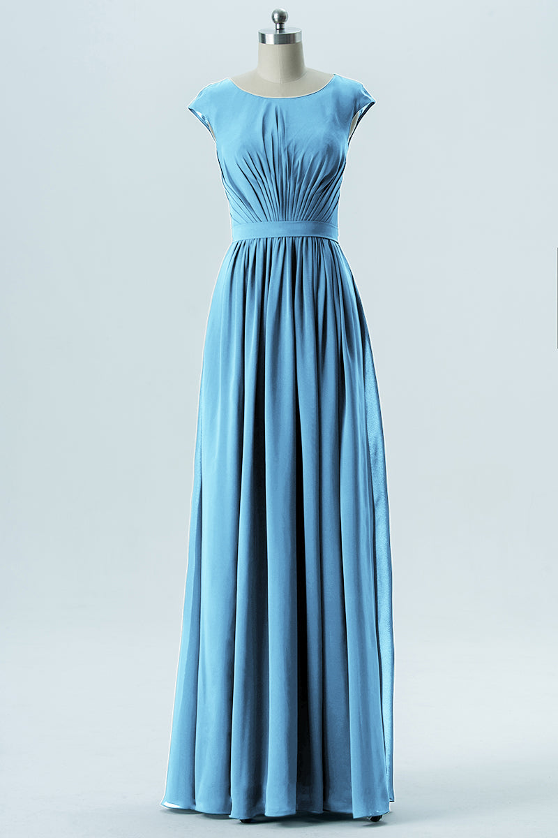 Chiffon Column Scoop Neck Cap Sleeves Bridesmaid Dress-B13652