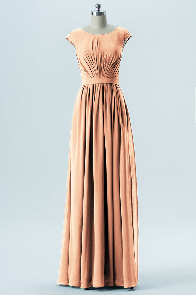 Chiffon Column Scoop Neck Cap Sleeves Bridesmaid Dress-B13652