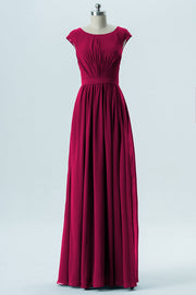 Chiffon Column Scoop Neck Cap Sleeves Bridesmaid Dress-B13652