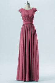 Chiffon Column Scoop Neck Cap Sleeves Bridesmaid Dress-B13652