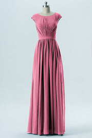 Chiffon Column Scoop Neck Cap Sleeves Bridesmaid Dress-B13652