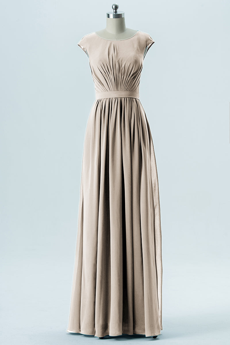 Chiffon Column Scoop Neck Cap Sleeves Bridesmaid Dress-B13652
