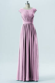 Chiffon Column Scoop Neck Cap Sleeves Bridesmaid Dress-B13652