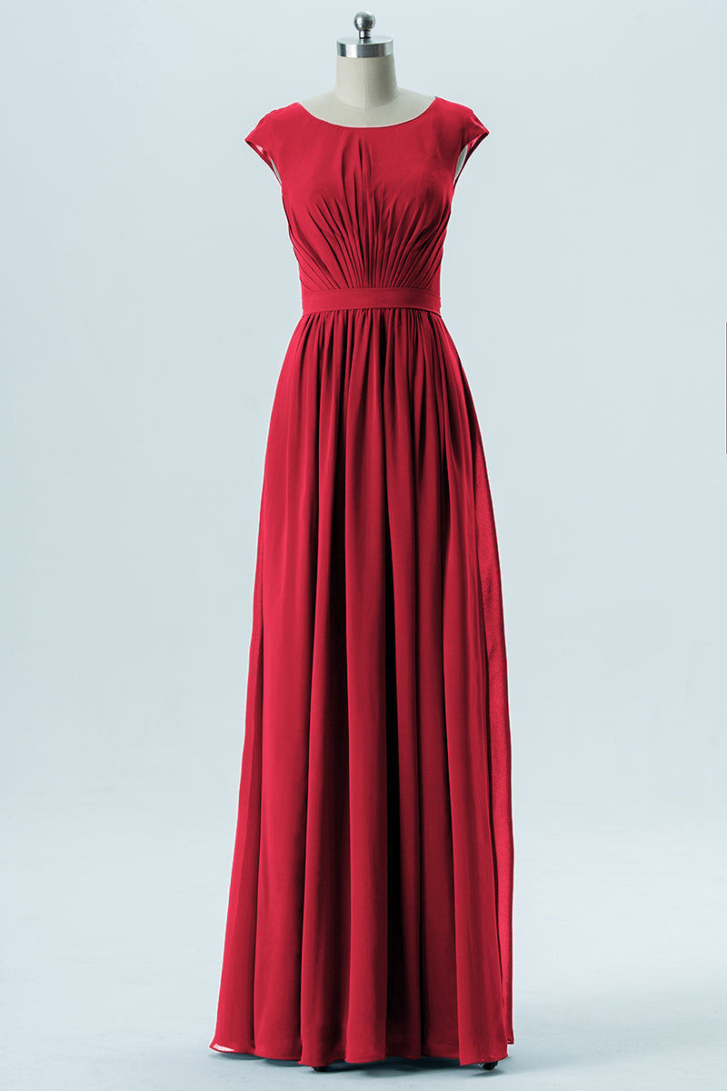 Chiffon Column Scoop Neck Cap Sleeves Bridesmaid Dress-B13652