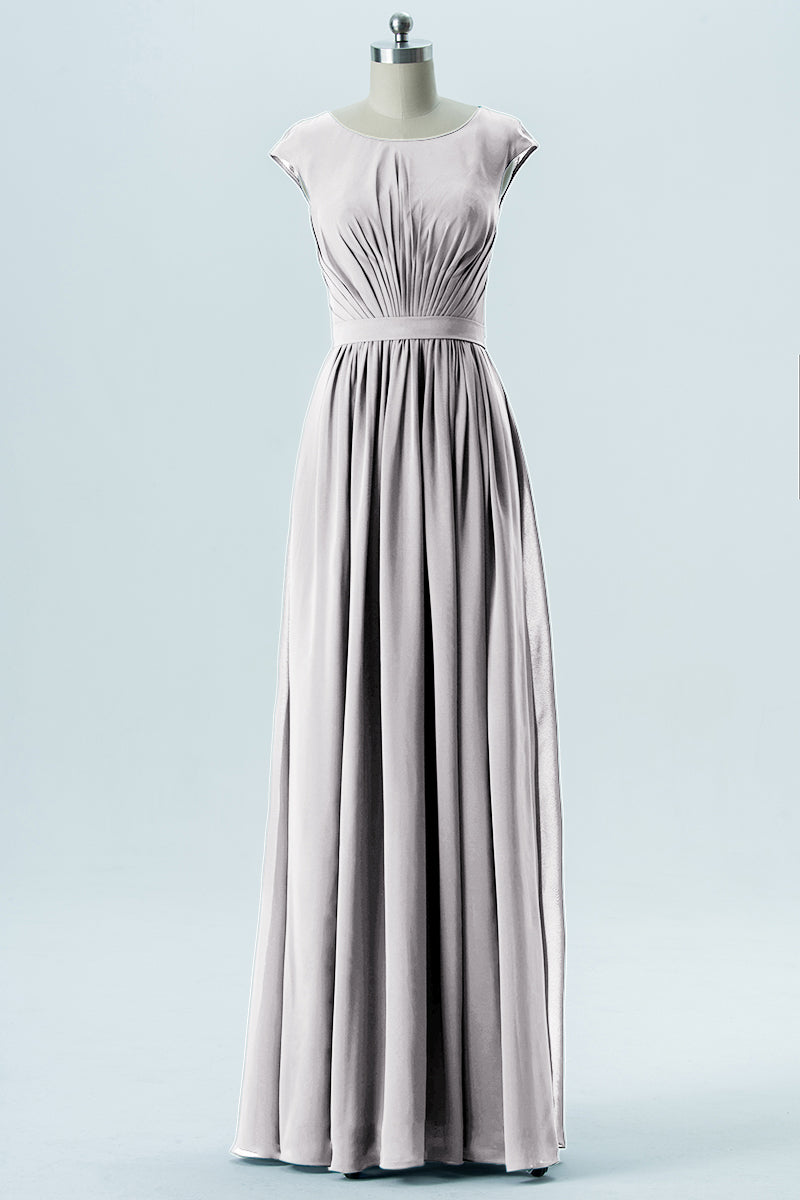 Chiffon Column Scoop Neck Cap Sleeves Bridesmaid Dress-B13652