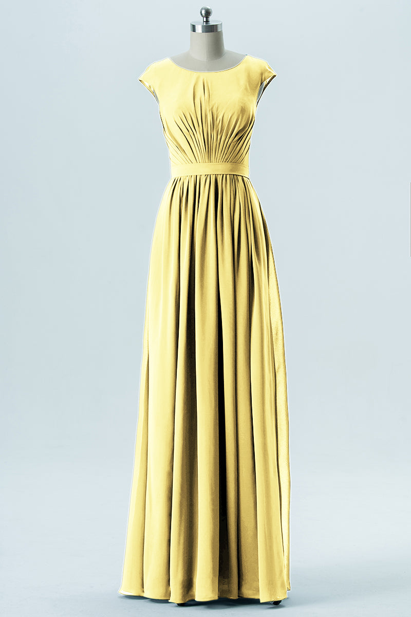 Chiffon Column Scoop Neck Cap Sleeves Bridesmaid Dress-B13652