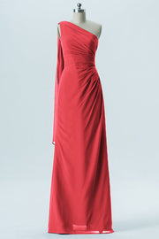 Chiffon Column One Shoulder Sleeveless Bridesmaid Dress-B13656