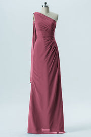 Chiffon Column One Shoulder Sleeveless Bridesmaid Dress-B13656